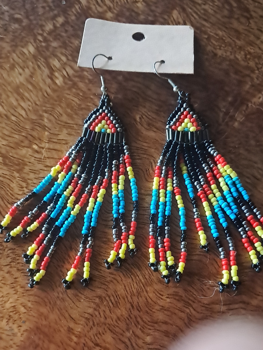 Black Beaded Fringe Earrings with Red, Yellow & Blue Accents